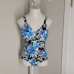 Gabar Ruched One-Piece Slimming Swimsuit ~ Sz 12 ~ Blue & White Floral